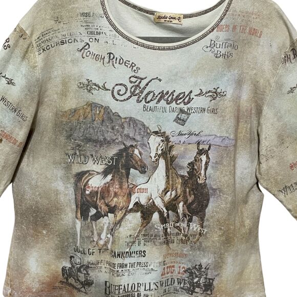 Vintage Western Graphic 3/4 Tee Rhinestone Horse Rodeo Top Cowgirl Shirt XXL - Picture 1 of 13